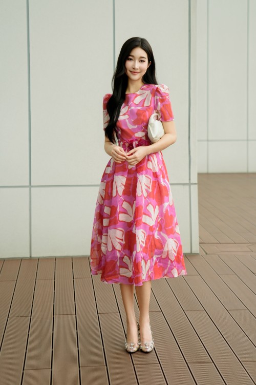 Magenta Organza Flared Dress With Flower