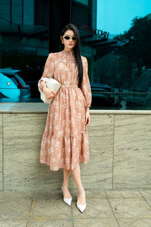 Light Brown Floral Organza Flared Dress