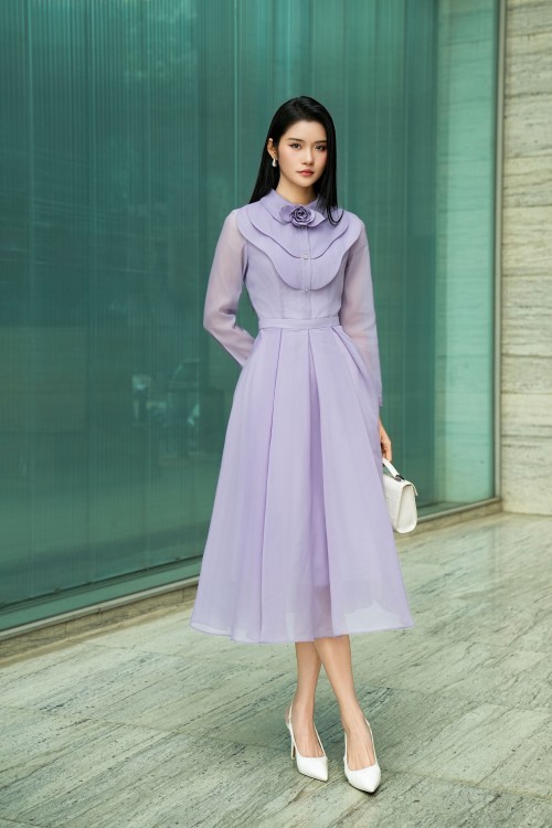 Purple Organza Flared Dress With Flower