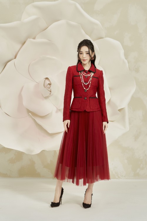 Red Long Sleeves Brocade Vest