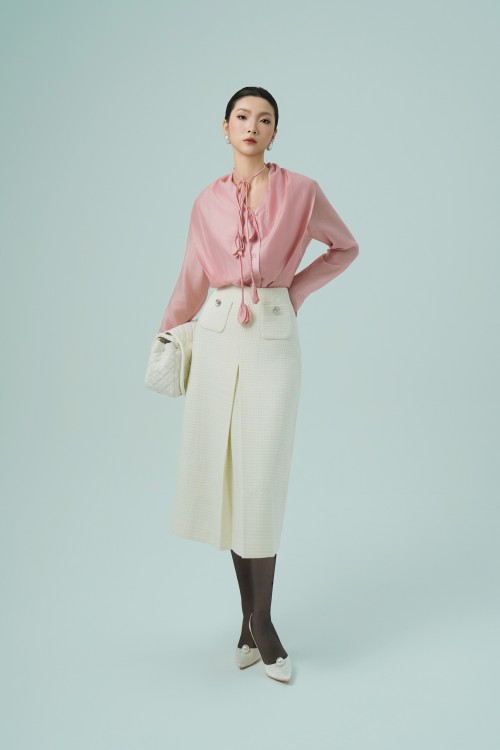 Beige Midi Tweed Skirt