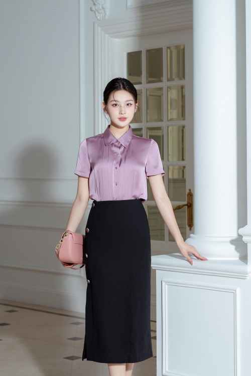 Purple Short Sleeves Silk Shirt