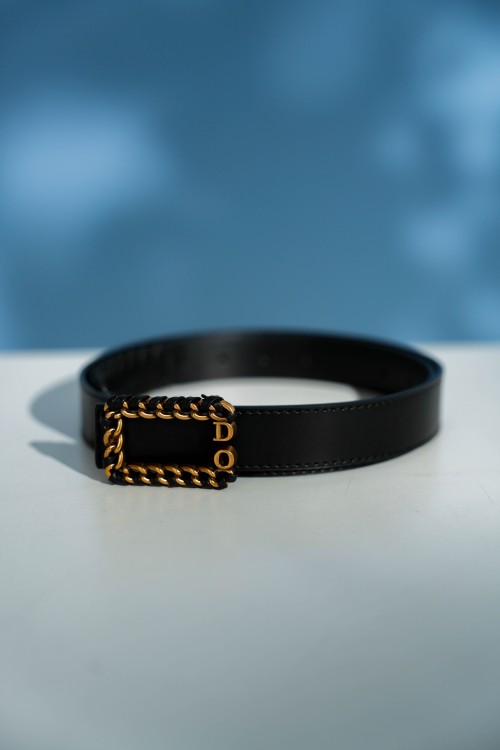 Black Leather Belt With Chain Buckle