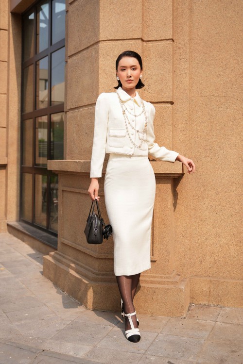Cream Tweed Pencil Skirt