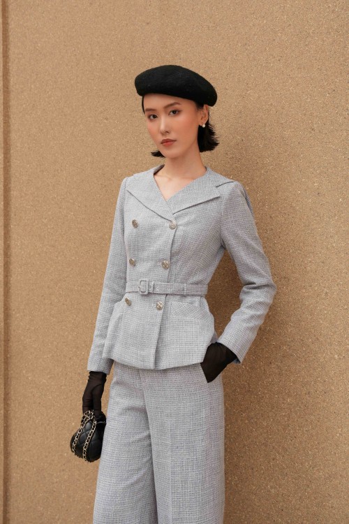 Light Grey Long Sleeves Tweed Vest