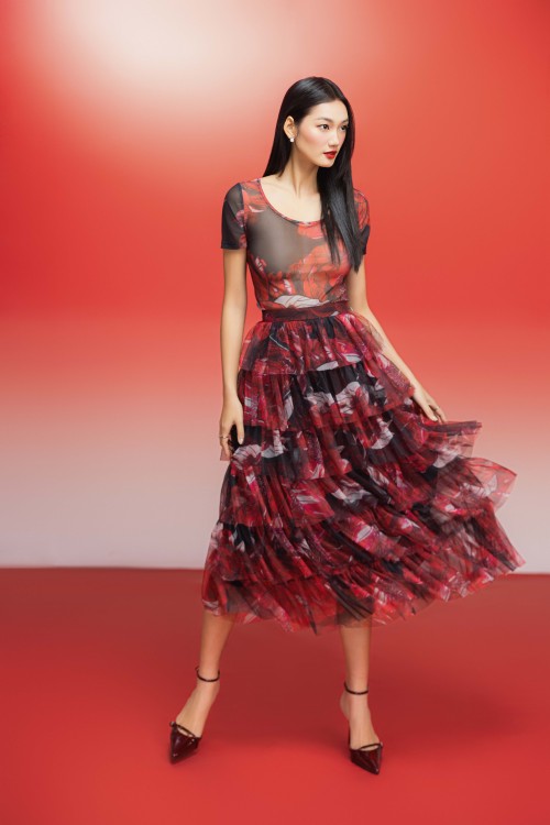 Dark Red Peony Mesh Flared Skirt