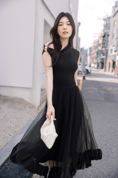Black Mesh Flared Skirt