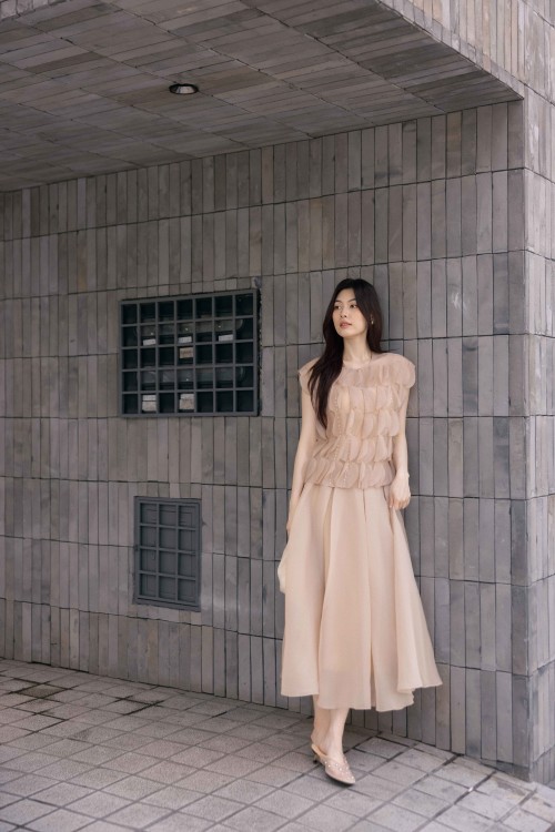 Beige Organza Flared Skirt