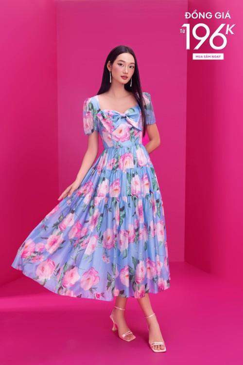 Blue Floral Organza Flared Dress