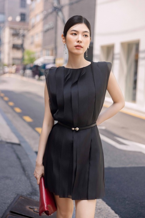 Black Organza Mini Dress With Belt