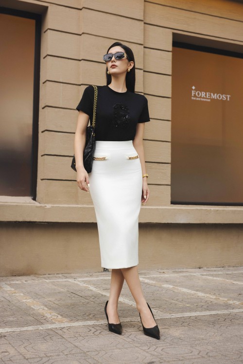 White Woven Pencil Skirt