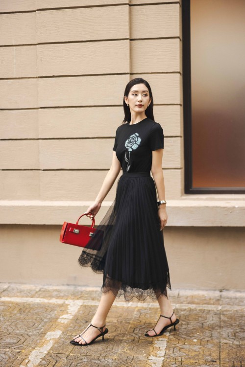 Black Mesh Flared Skirt