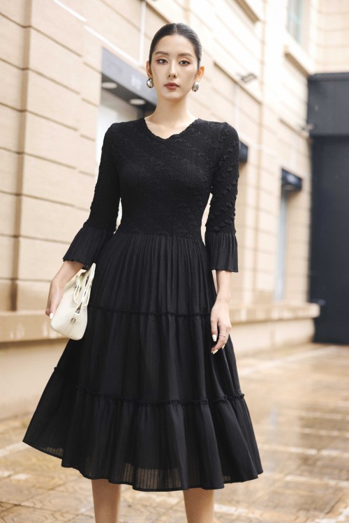 Black Pleated Woven Flared Dress