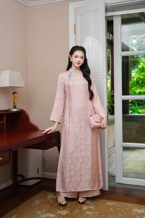 Salmon Butterfly Silk Ao Dai