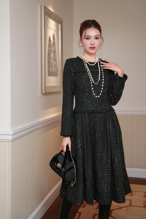 Black Tweed Flared Dress