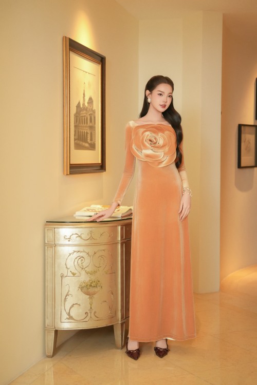Yellow 3D Flower Velvet Ao Dai
