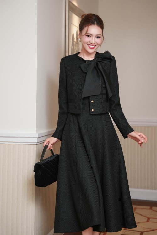 Black Bowtie Tweed Flared Dress