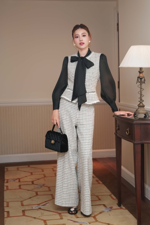 Black & White Check Tweed Loose Pants