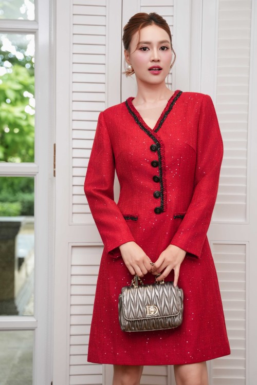 Red Tweed Flared Dress