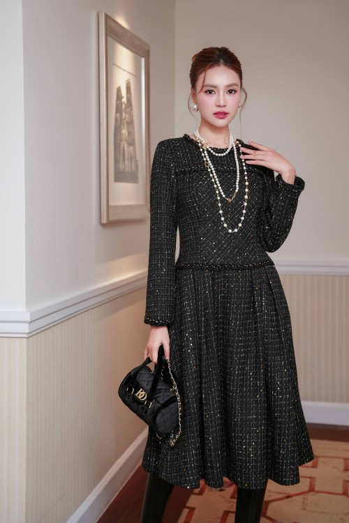 Black Tweed Flared Dress