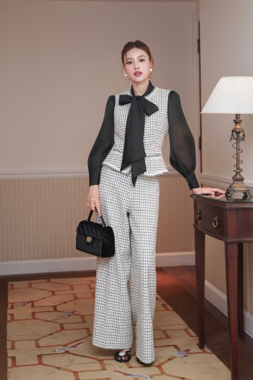 Black & White Check Tweed Loose Pants
