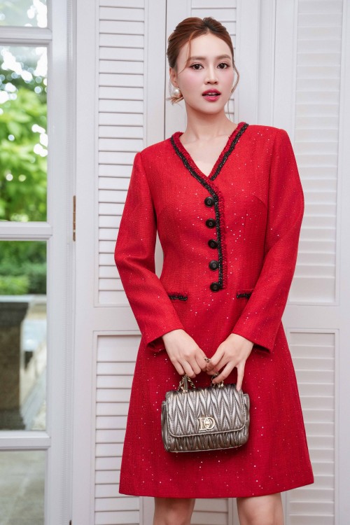 Red Tweed Flared Dress