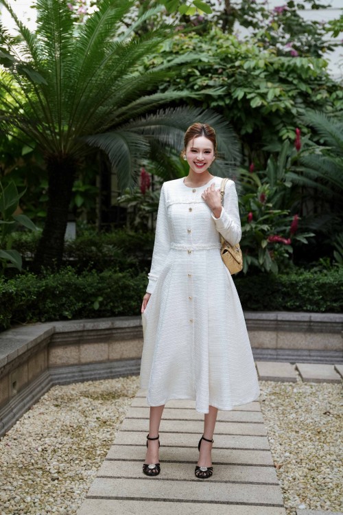 Cream Tweed Flared Dress