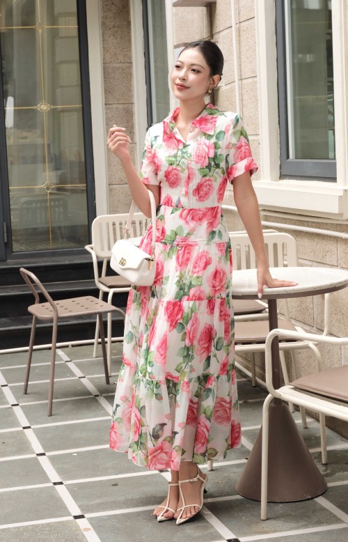 White Floral Organza Flared Dress