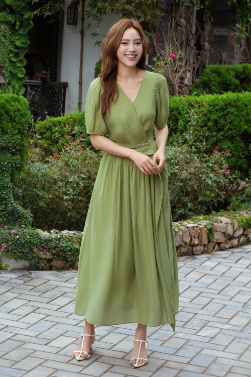 Green Nuggets Organza Flared Dress