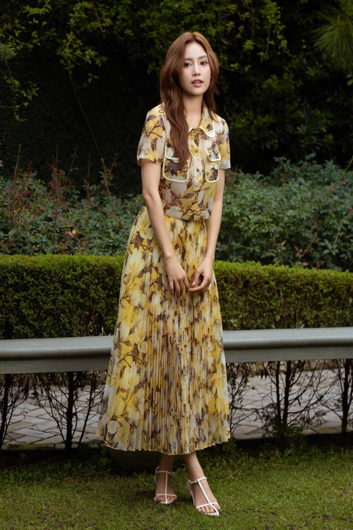 Yellow Floral Organza Flared Skirt