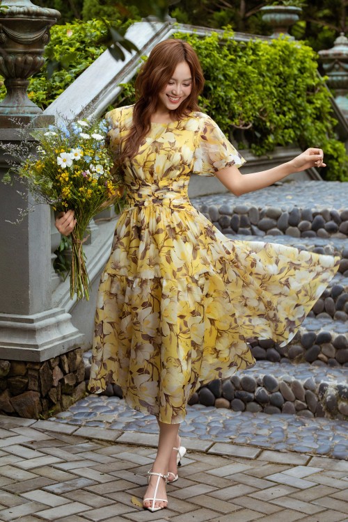 Yellow Floral Organza Flared Dress