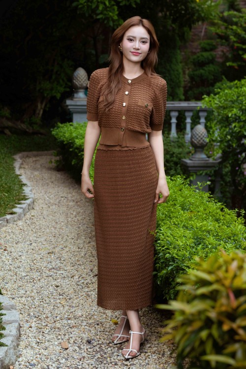 Caramel Textured Knit Cardigan & Skirt