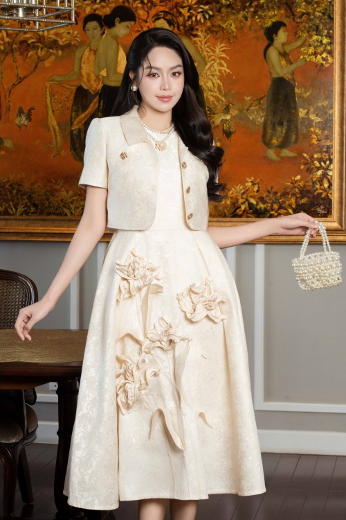 Cream 3D Flower Brocade Flared Dress