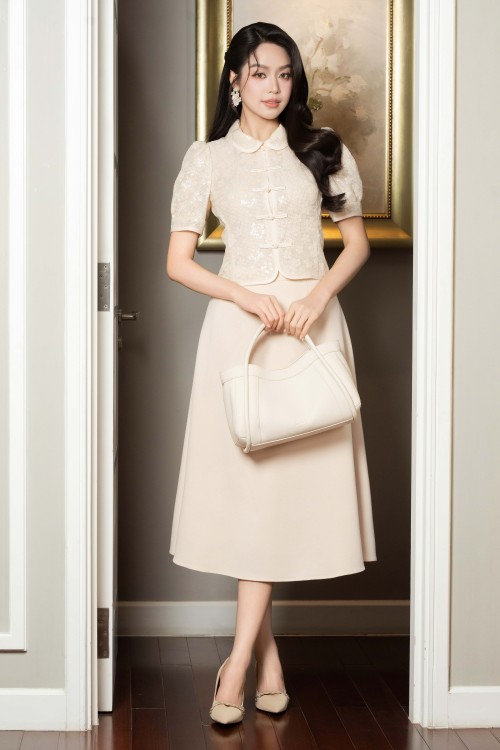 Beige Woven Flared Skirt