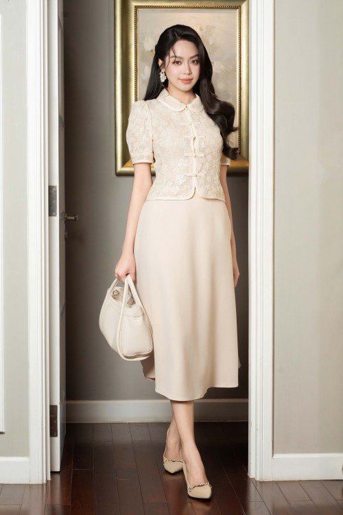 Beige Woven Flared Skirt