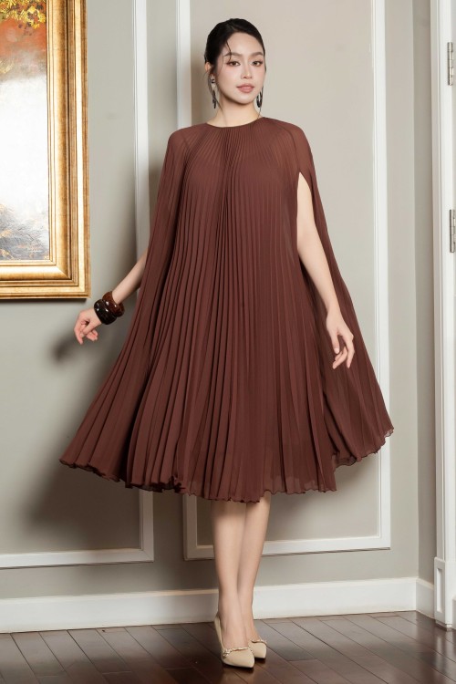 Brown Chiffon Loose Dress With Flower
