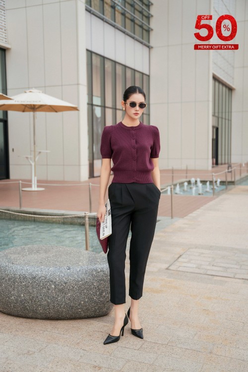 Dark Red Short Sleeves Wool Blouse