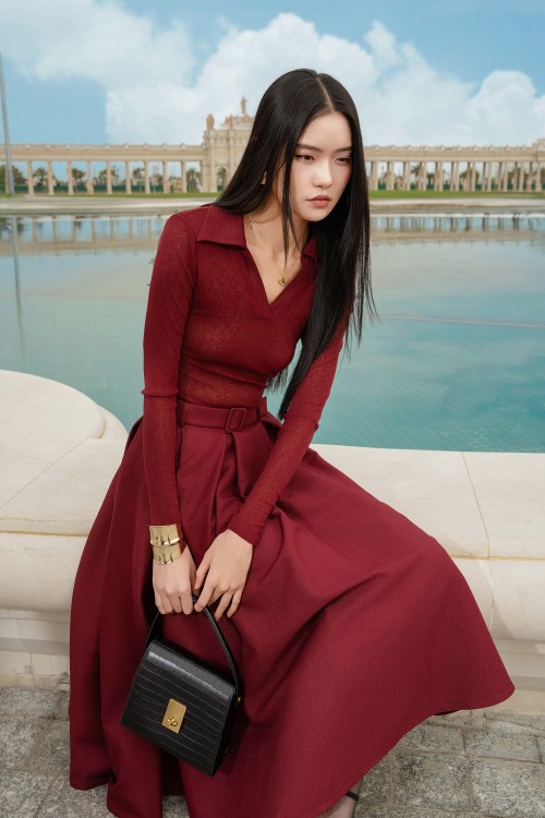 Dark Red Raw Flared Skirt