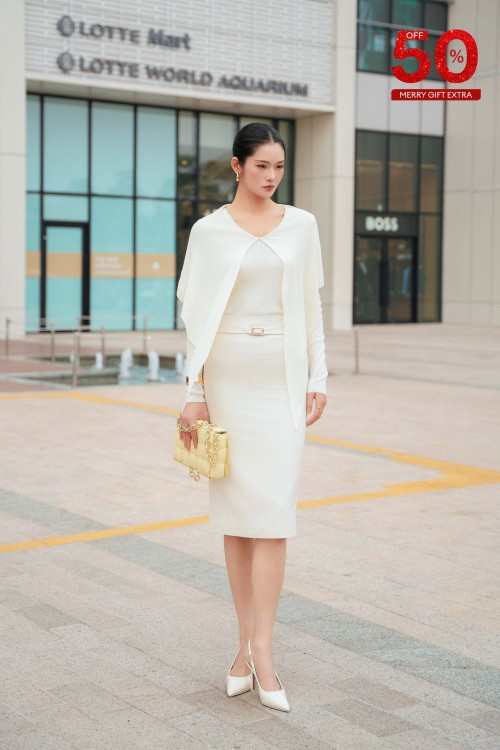 Cream Straight Woven Midi Skirt