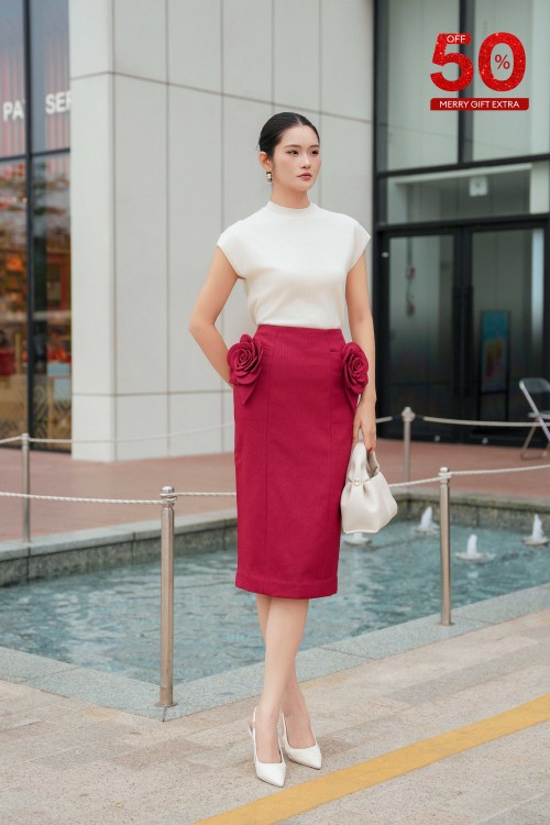 3D Flower Woven Midi Skirt