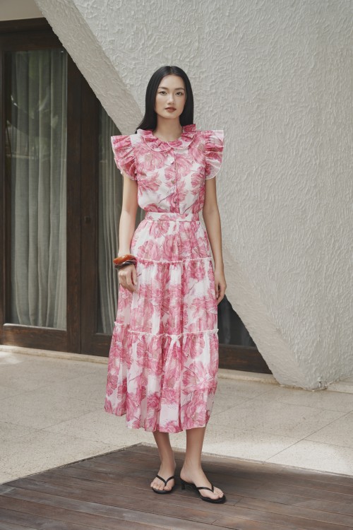 Pink Peony Organza Flared Skirt