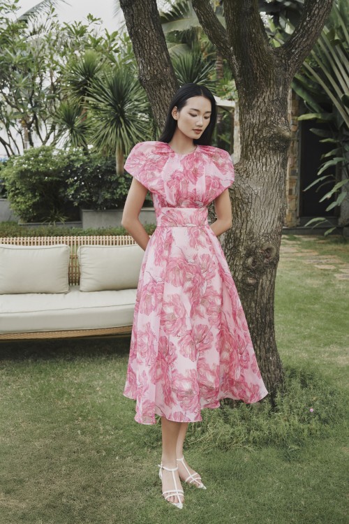 Pink Peony Organza Flared Dress