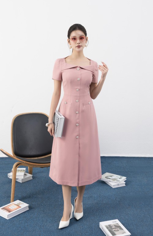 Pink Split-front Midi Dress