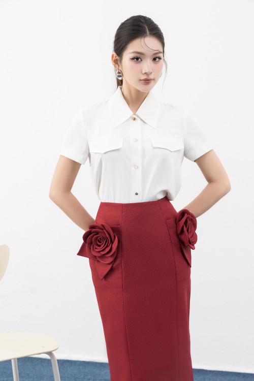 White Short Sleeves Silk Shirt