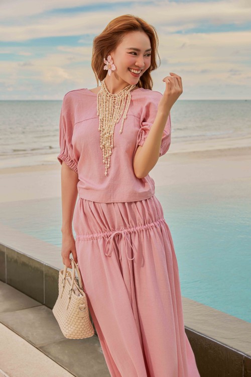 Pink Linen Flared Skirt