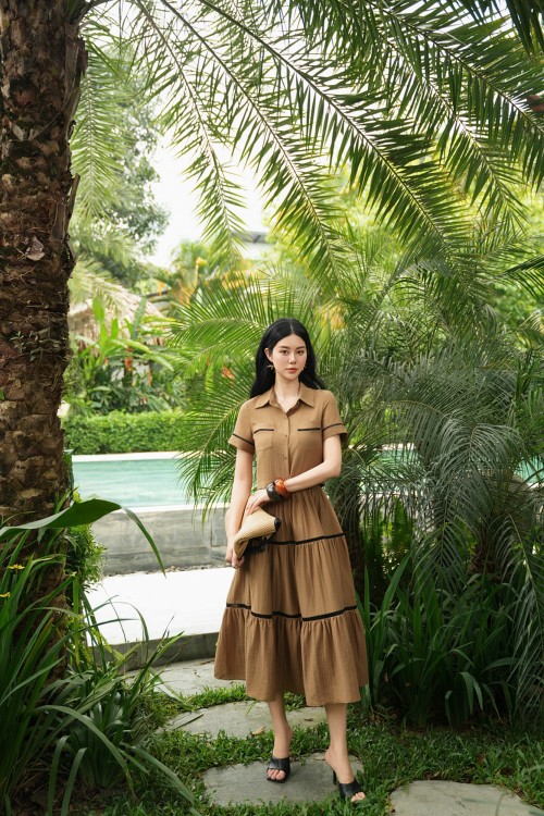 Brown Organza Flared Skirt