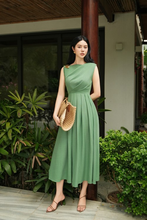 Dark Green Woven Flared Dress
