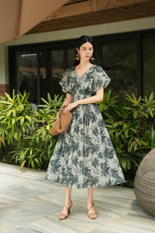 Green Floral Linen Flared Dress