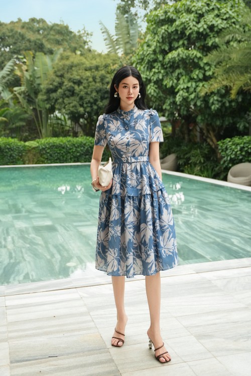 Blue Floral Linen Flared Dress