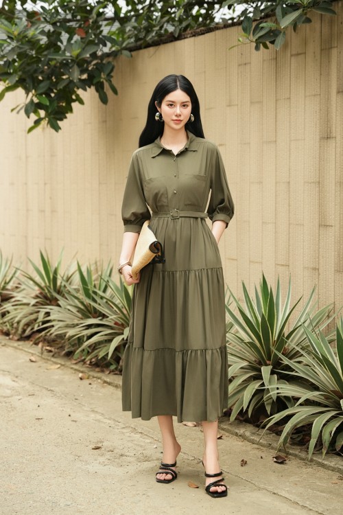 Moss Green Linen Flared Dress